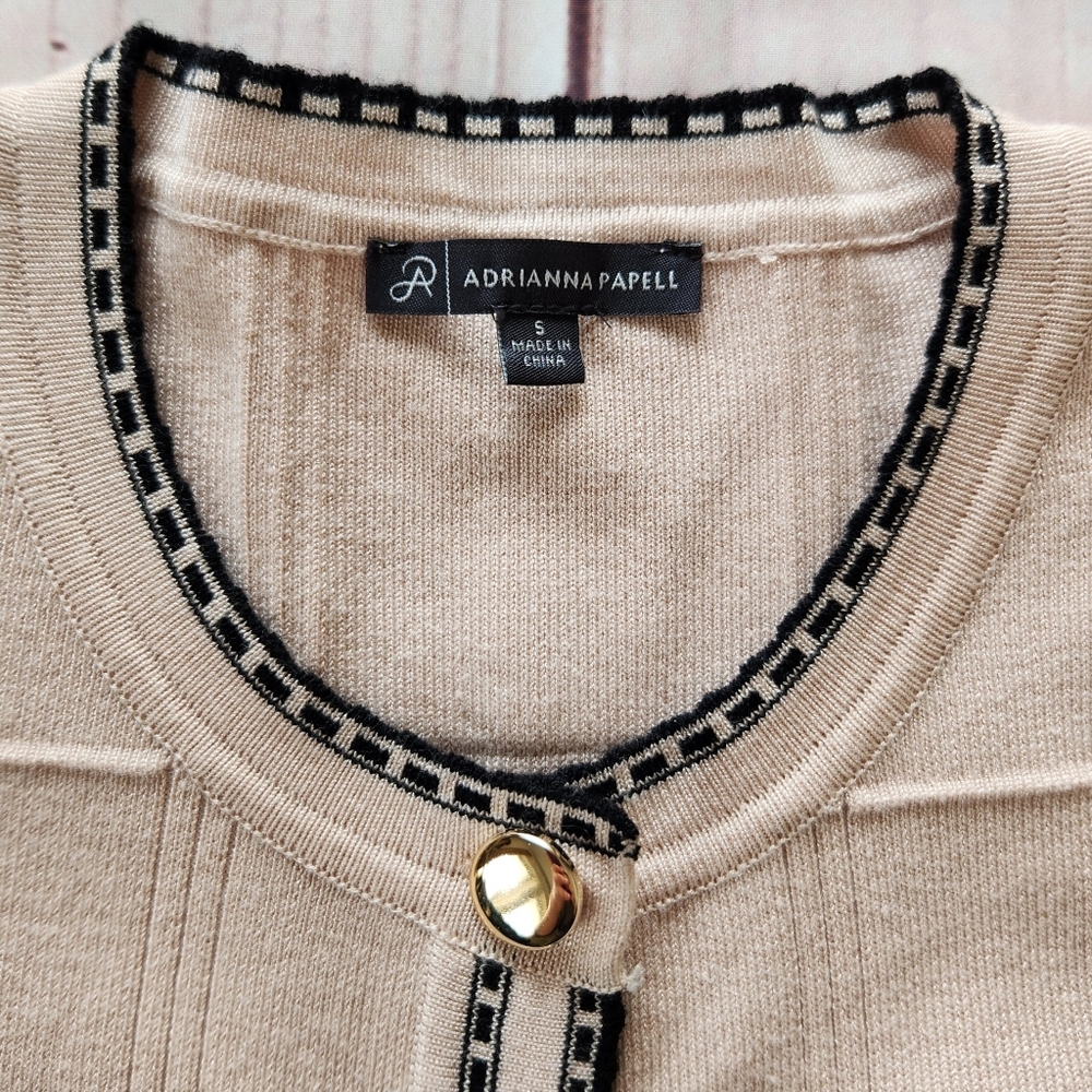 Adrianna Papell "Button Front Tipped Cardigan" Tan Black | Women's Size S - Picture 7 of 12
